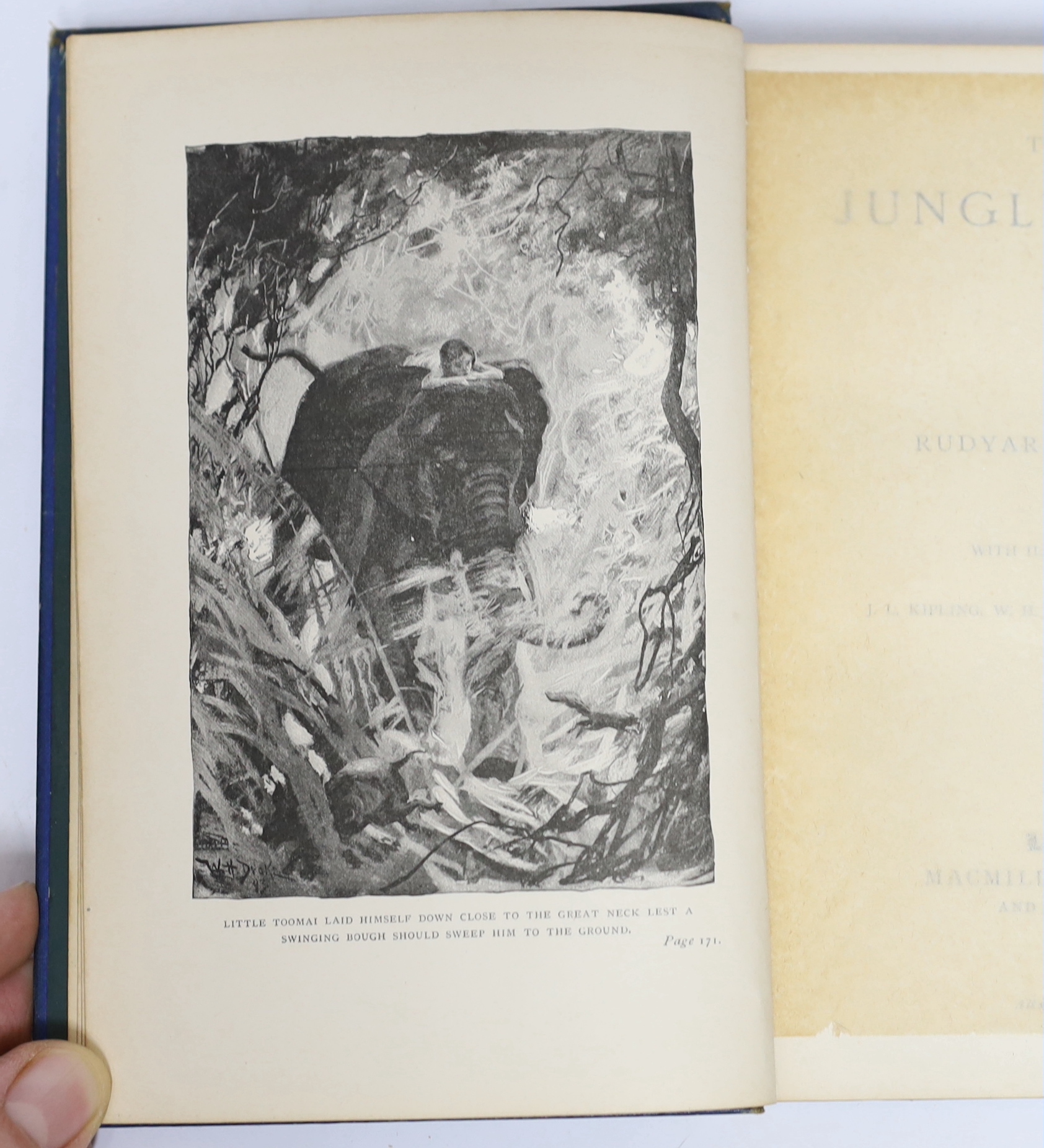 Kipling, Rudyard - The Jungle Book. First Edition. frontis., num. full page and other illus. (by John Lockwood Kipling and others), text decorations; publisher's gilt pictorial cloth and ge. 1894; Kipling, Rudyard - The